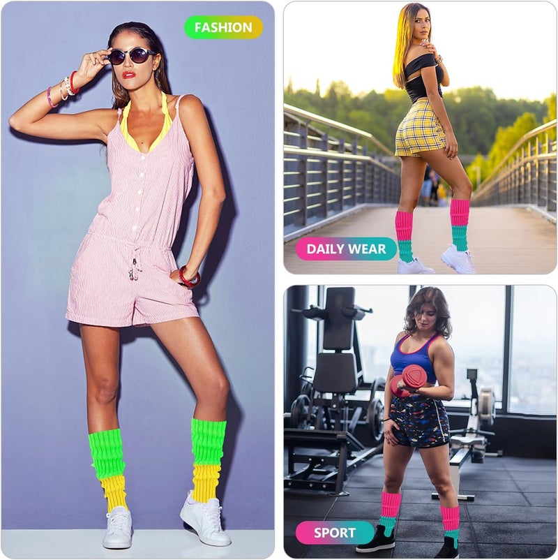 Junely 2 Pairs Leg Warmers for Women 80s Ribbed Knit Leg Warmer Pack for Ballet Dance Figure Skating Yoga Party Neon - Image 4